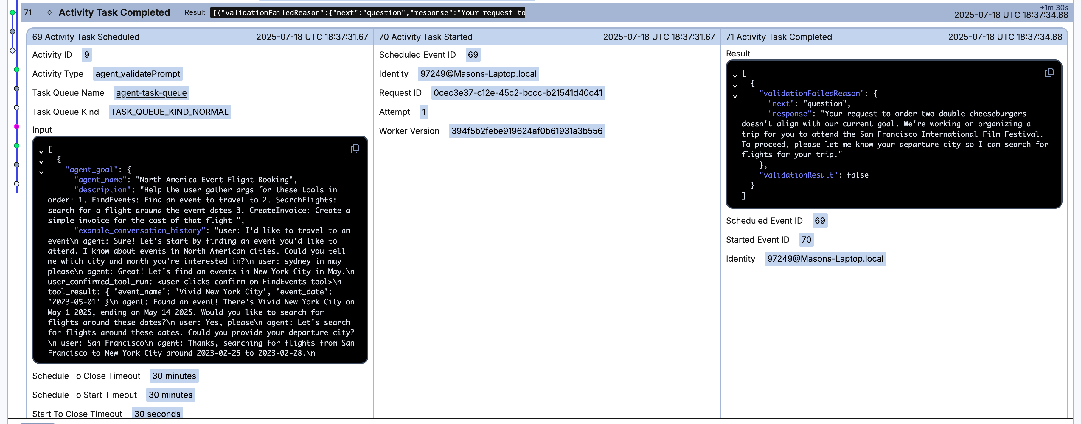 Screenshot of the the Event History list section in the Temporal Web UI with an Activity expanded so the results can be seen